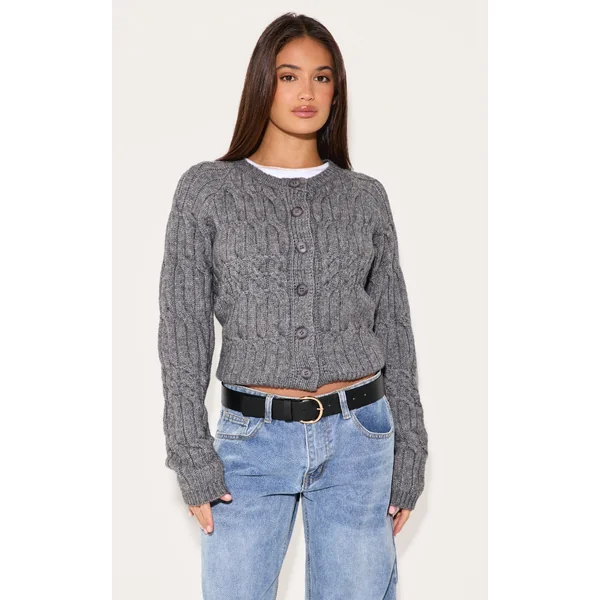 Charcoal Cable Knit Button Up Cardigan