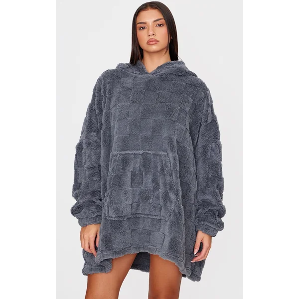 Charcoal Checkerboard Fleece Hooded Blanket