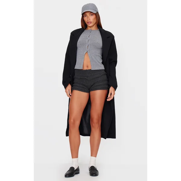 Charcoal Chunky Raised Contrast Knit Mini Shorts