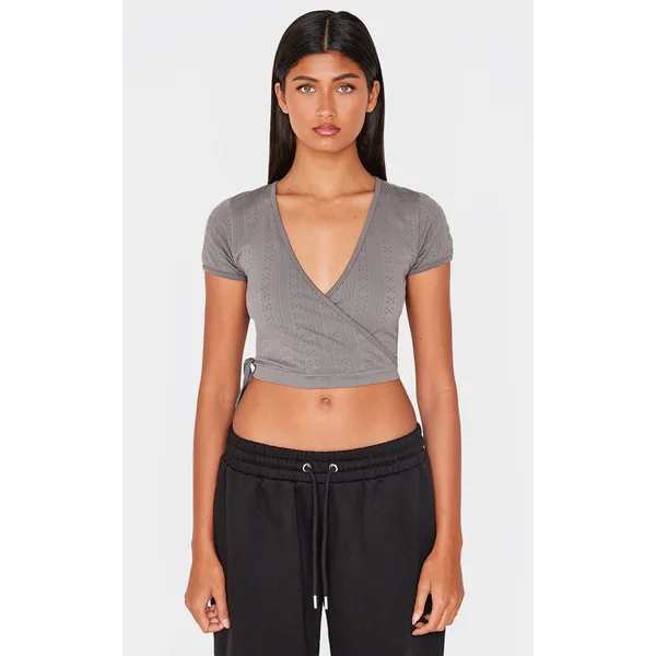 Charcoal Contour Pointelle Cross Over Detail Crop Top