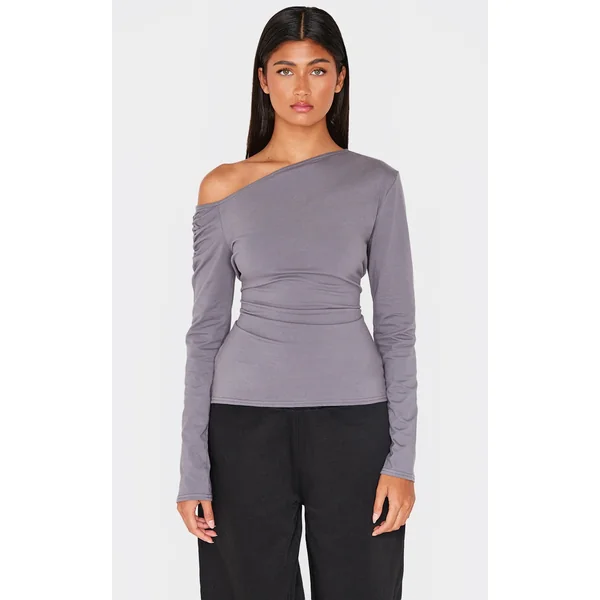 Charcoal Cotton Asymmetric Neckline Long Sleeve Top