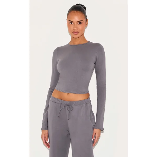 Charcoal Cotton Long Sleeve Crew Neck Top
