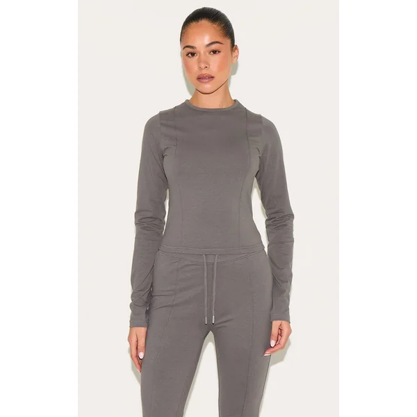 Charcoal Cotton Seam Detail Long Sleeve Top
