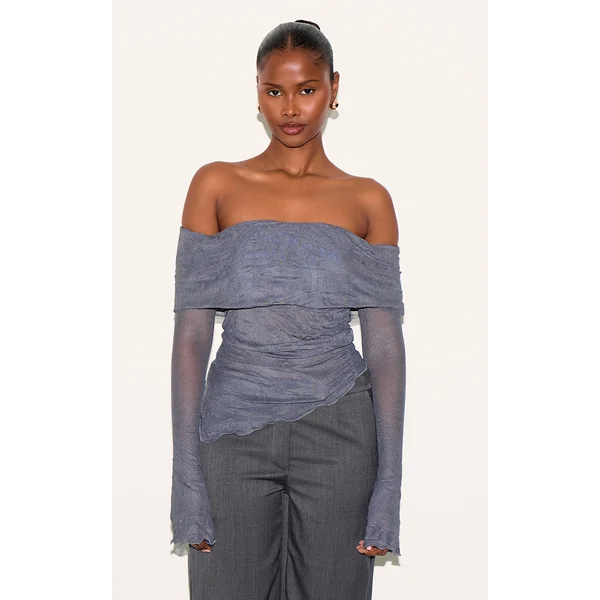 Charcoal Crinkle Mesh Fold Over Detail Bardot Long Sleeve Top