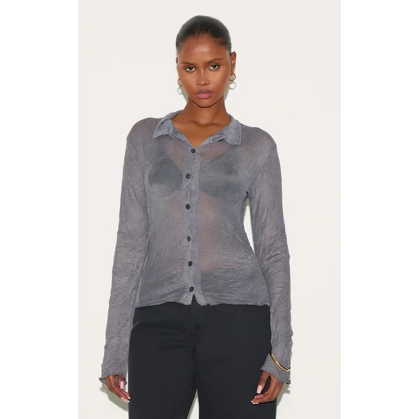 Charcoal Crushed Mesh Long Sleeve Fitted Shirt