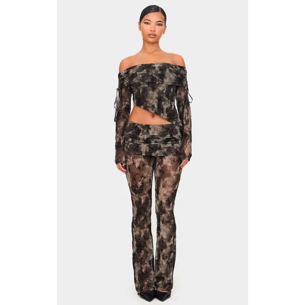 Charcoal Devore Mesh Foldover Slim Flare Pants