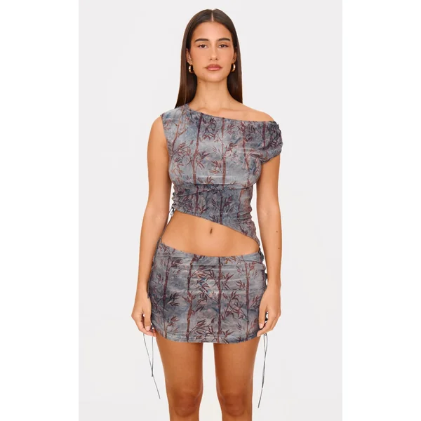 Charcoal Devore Tie Detail Off The Shoulder Top