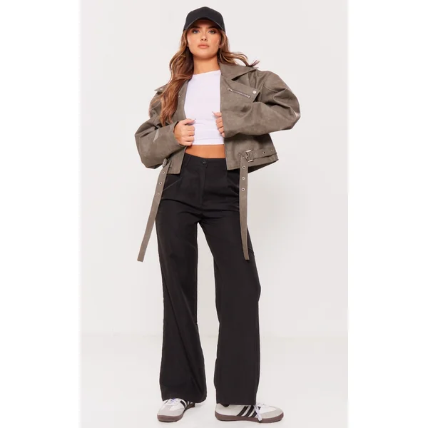 Charcoal Faux Leather Oversized Buckle Detail Biker Jacket