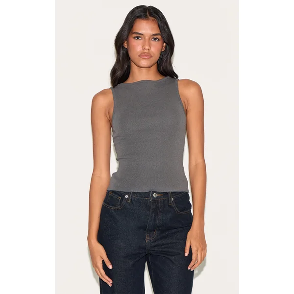 Charcoal Fine Knit Boat Neck Top