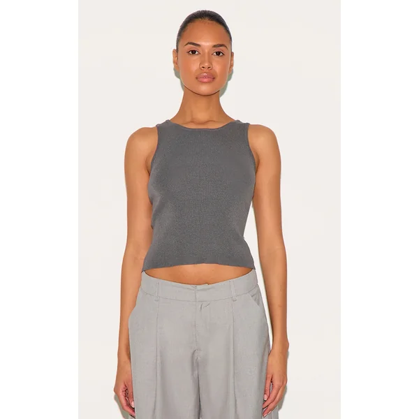 Charcoal Fine Knit Racer Neck Top
