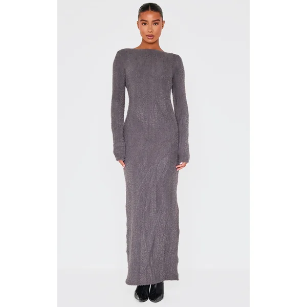 Charcoal Fluffy Scoop Back Maxi Dress