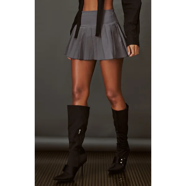 Charcoal Grey Stretch Woven Low Rise Pleated Micro Mini Skirt