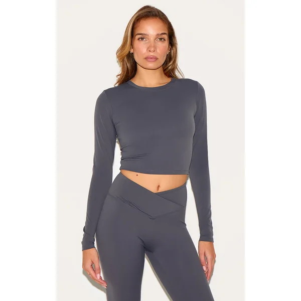 Charcoal Grey Ultimate Sculpt Long Sleeve Crop Gym Top