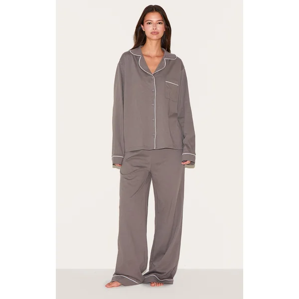 Charcoal Jersey Piping Long Pj Set
