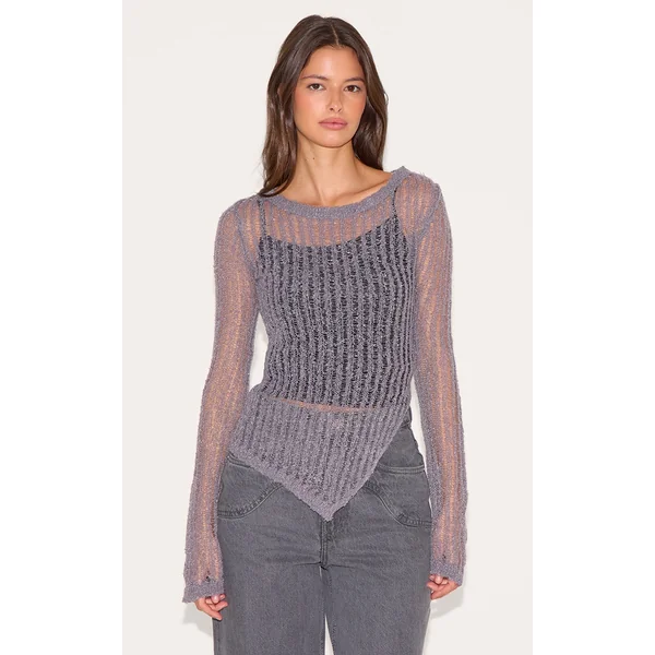 Charcoal Ladder Knit Sheer Asymmetric Hem Top