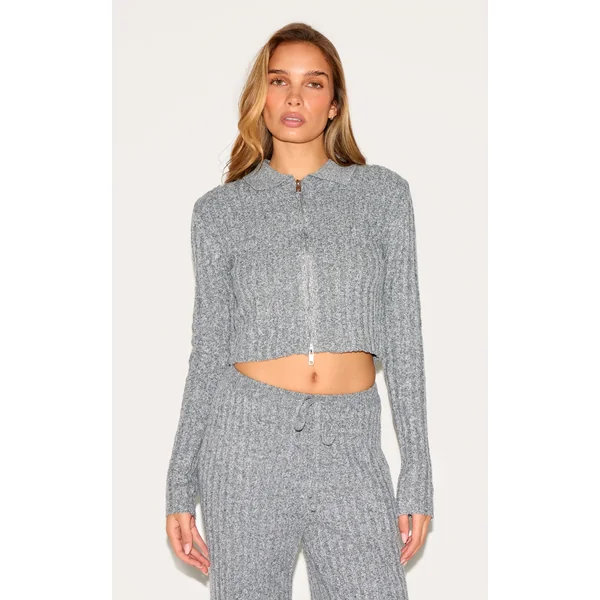 Charcoal Marl Knitted Dipped Hem Cropped Zip Up Top