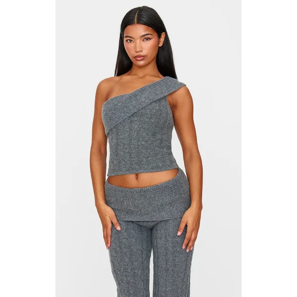 Charcoal Marl Textured Knit Foldover Bandeau Top