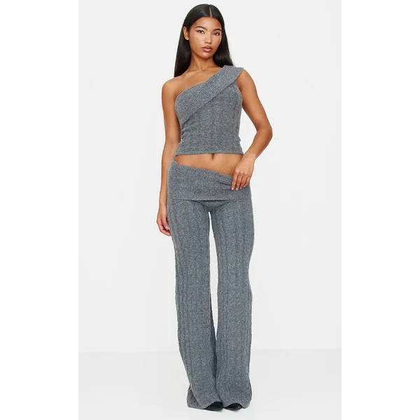 Charcoal Marl Textured Knit Foldover Wide Leg Pants