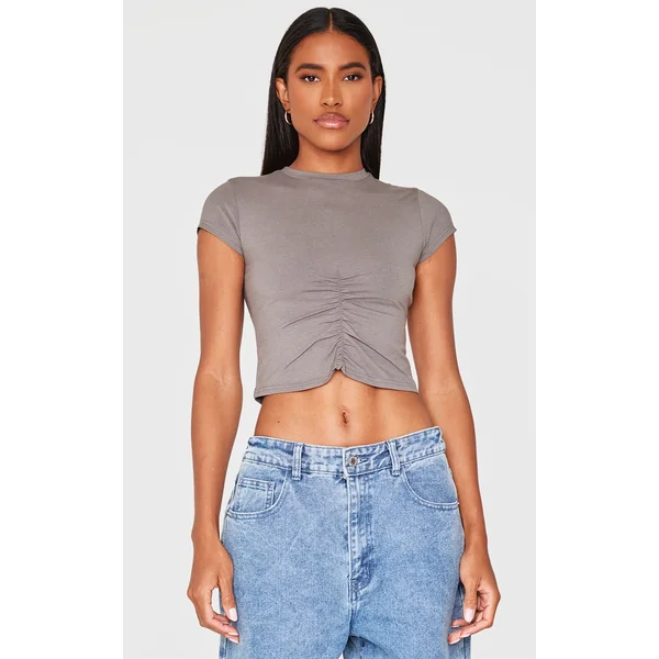 Charcoal Modal Cotton Ruched Front Crop T Shirt