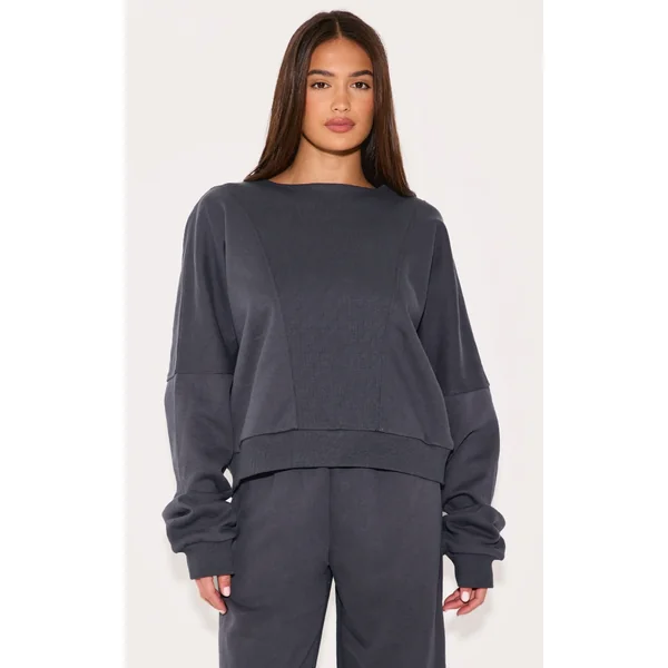 Charcoal Oversized Ribbed Panel Sweatshirt