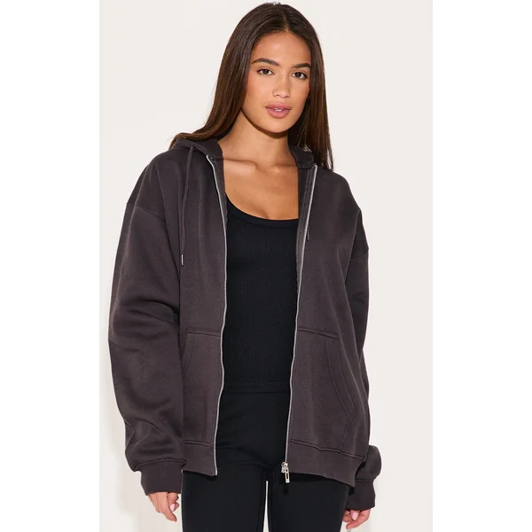 Charcoal Oversized Zip Up Plain Front Hoodie