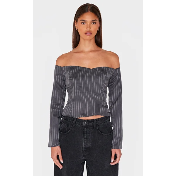 Charcoal Pinstripe Fitted Bardot Shirt