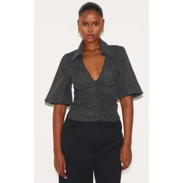 Charcoal Pinstripe Fitted Boxy Sleeve Shirt