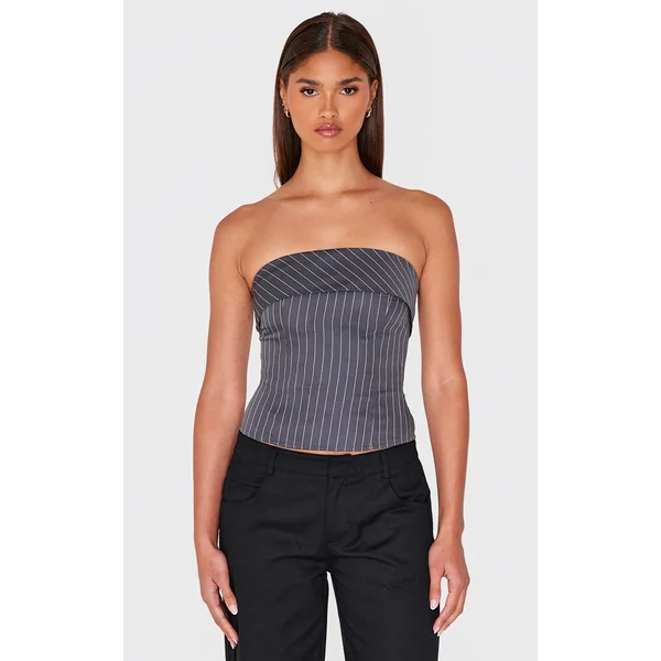 Charcoal Pinstripe Longline Foldover Bandeau