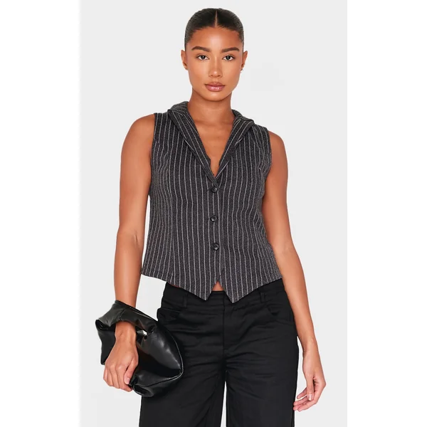 Charcoal Pinstripe Wool Look Collar Vest