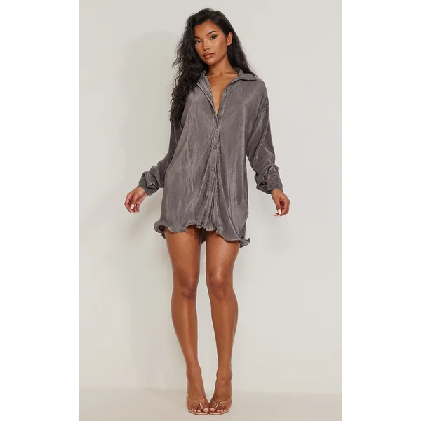 Charcoal Plisse Frill Hem Shirt Dress