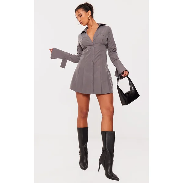 Charcoal Poplin Pleated Flared Sleeve Shirt Dress