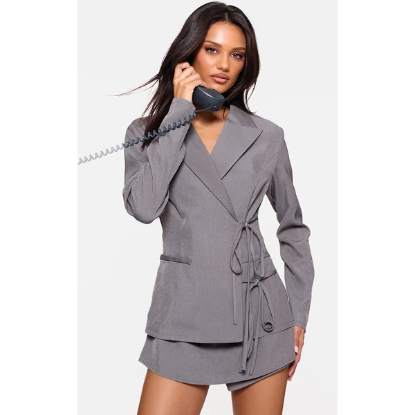 Charcoal Premium Tailored Woven Wrap Front Romper