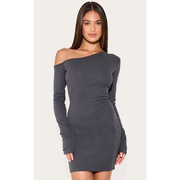 Charcoal Rib Asymmetric Mini Dress