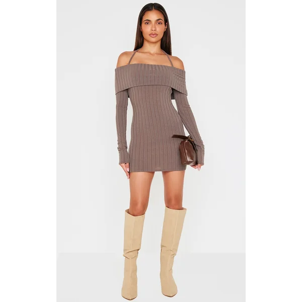 Charcoal Rib Bardot Fold Over Bodycon Dress