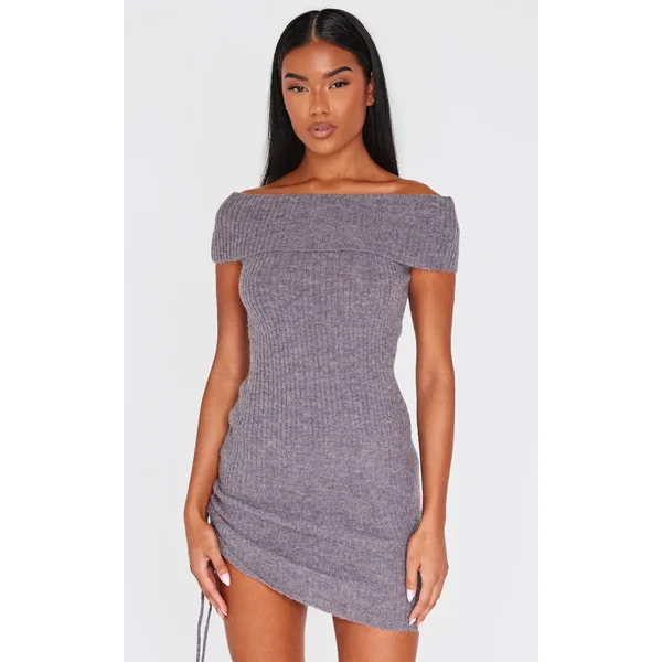 Charcoal Rib Knit Bardot Fold Over Tie Side Mini Dress