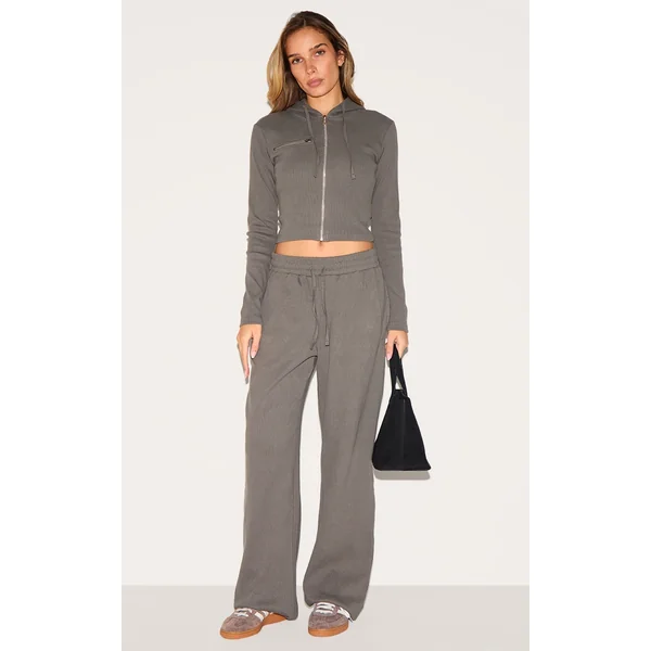 Charcoal Ribbed Low Rise Wide Leg Pants