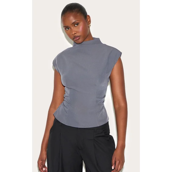 Charcoal Ruched Woven Shoulder Pad Top