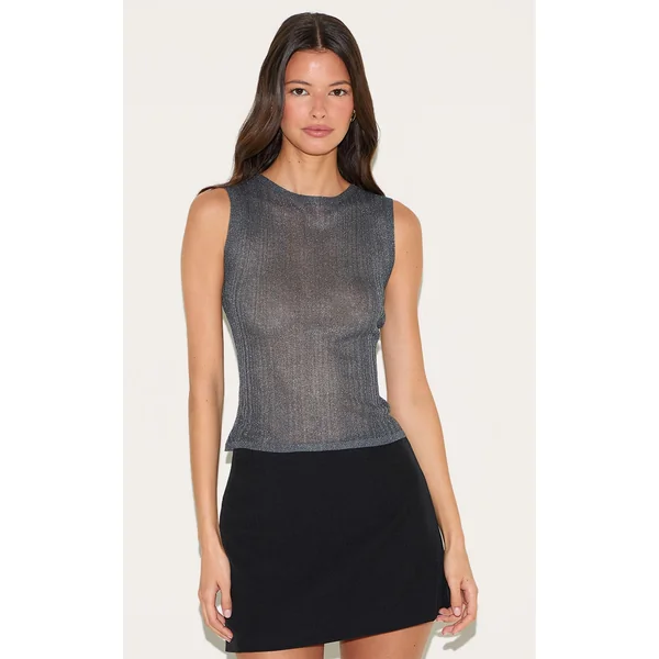 Charcoal Sheer Knit Boat Neck Top