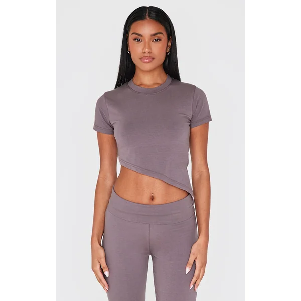 Charcoal Short Sleeve Asymmetrical Crop Top