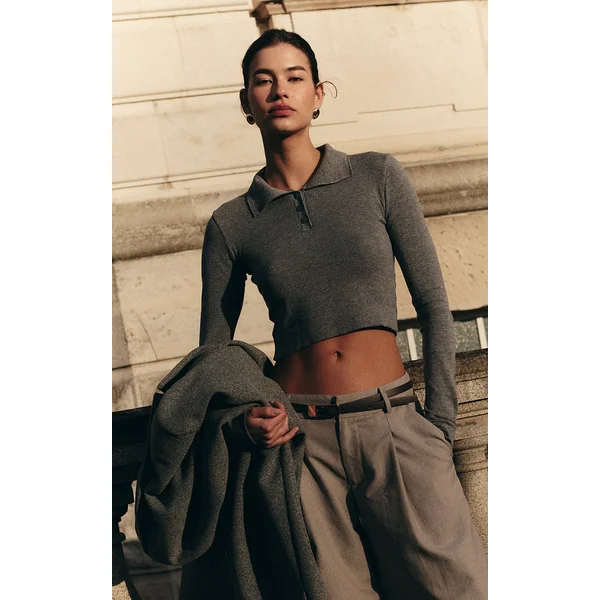 Charcoal Soft Knit Button Up Polo Top