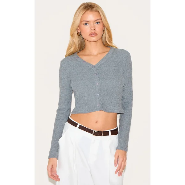 Charcoal Soft Touch Rib Asymmetric Button Down Long Sleeve Top