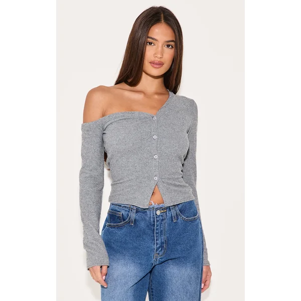 Charcoal Soft Touch Rib Asymmetric Detail Long Sleeve Top