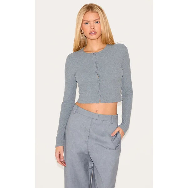 Charcoal Soft Touch Rib Button Down Long Sleeve Top