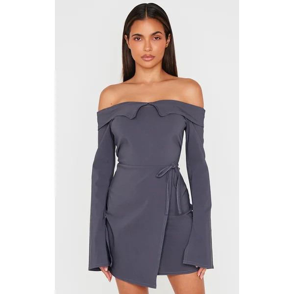 Charcoal Stretch Woven Fold Bardot Wrap Dress