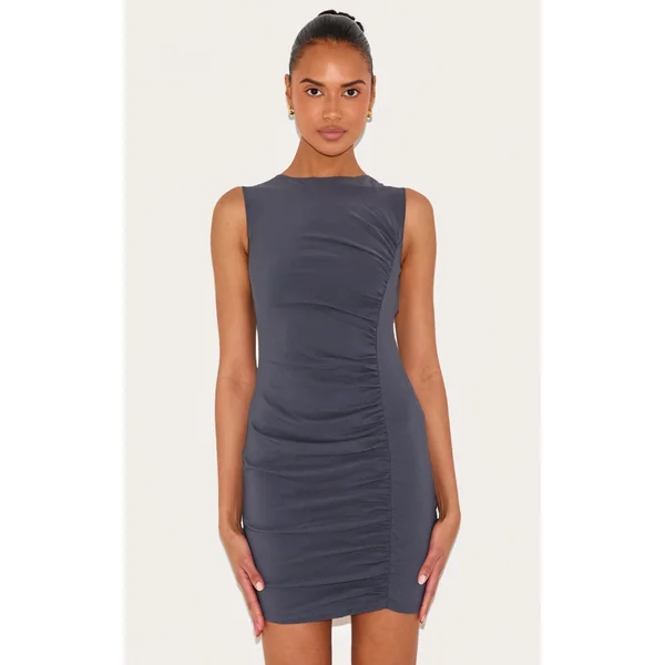 Charcoal Stretch Woven Ruched Bodycon Dress