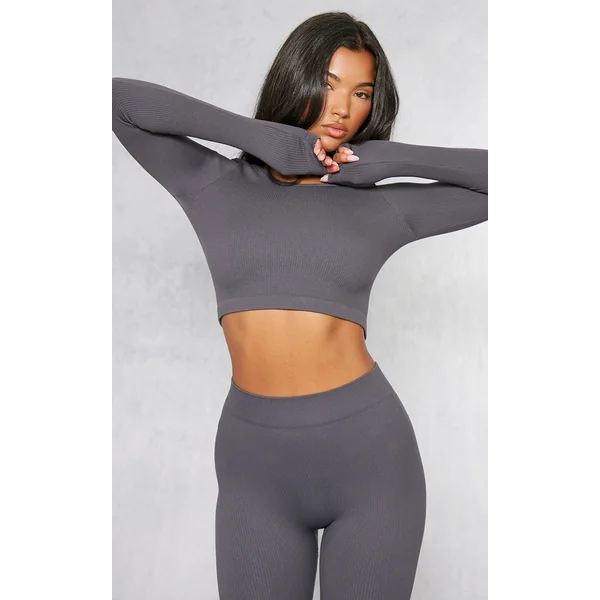 Charcoal Structured Snatched Ribbed Round Neck Long Sleeve Crop Top