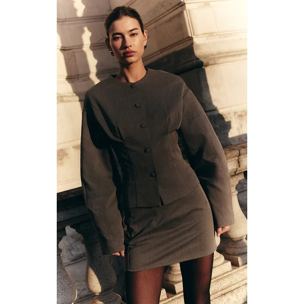 Charcoal Tailored Woven Boxy Balloon Sleeve Blazer