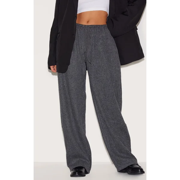 Charcoal Textured Low Rise Drawstring Straight Leg Pants