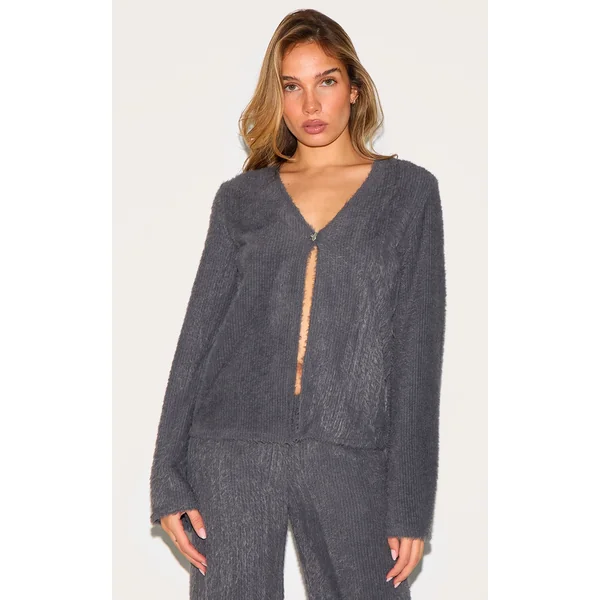 Charcoal Textured V Neck Button Cardigan