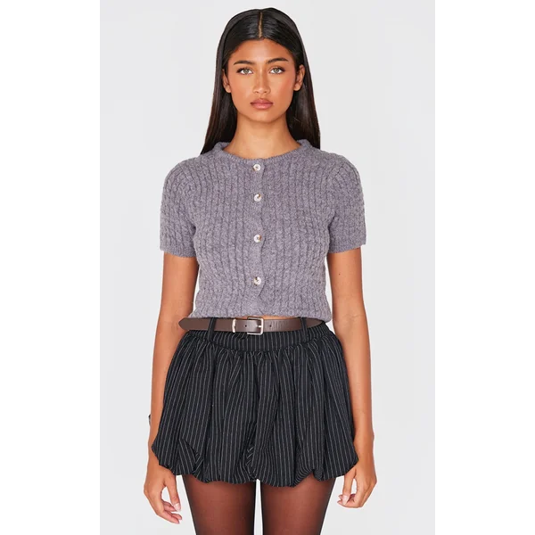 Charcoal Tight Cable Knit Button Up Short Sleeve Cardigan